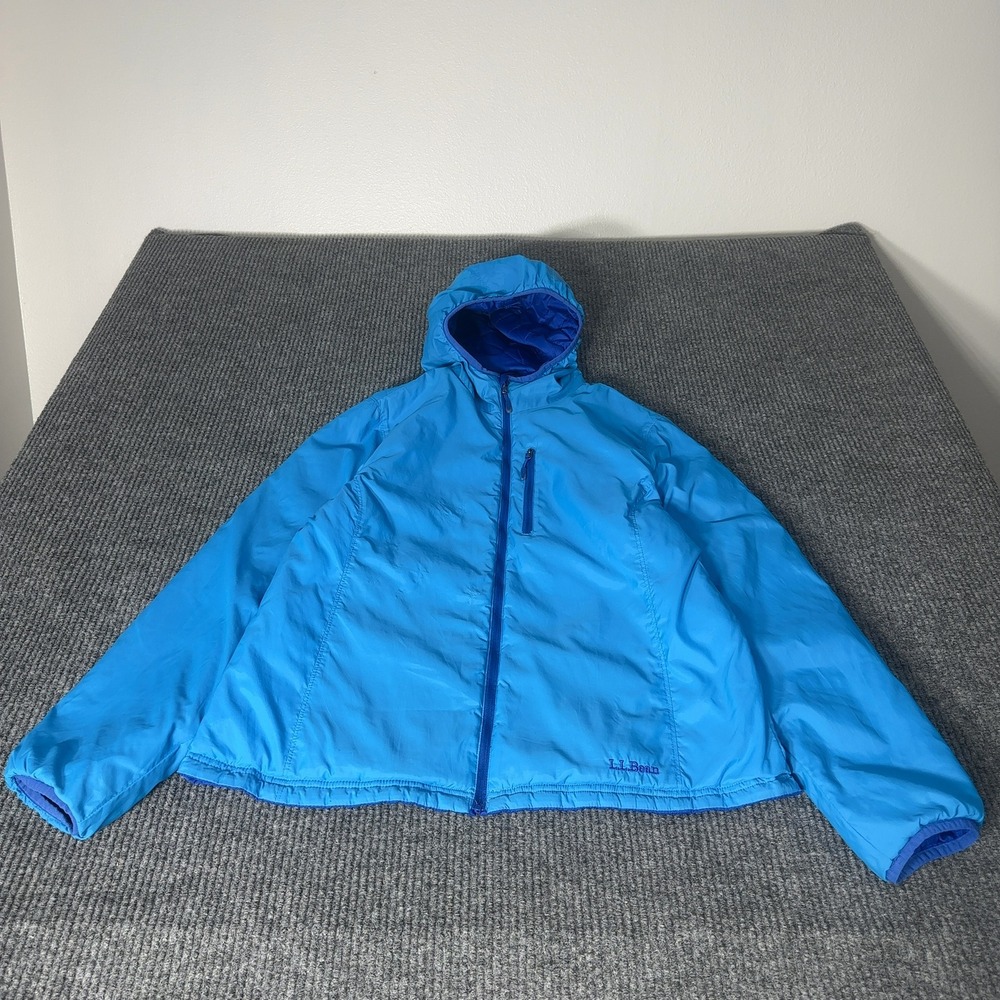 LL Bean Reversible Hooded Jacket Womens L PET Blue Quilted Full Zip Puffer